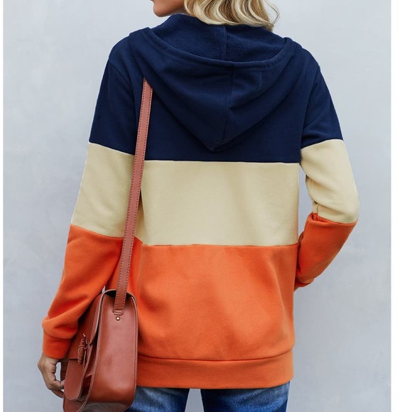 BLUE TAN ORANGE COLOR BLOCK FULL ZIP DRAWSTRING HOODIE SIZE 2XL 18-20 - Picture 3 of 11